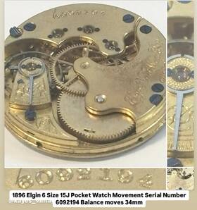 6092194 Elgin 1896 Pocket Watch Movement 15j 6 Size Bal Moves