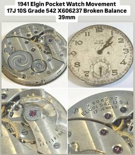 Elgin X606237 1941 Pocket Watch Movement 10s 17j Broken Balance 39mm