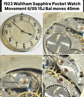 24390669 Waltham 1923 Sapphire Pocket Watch Movement 6/0s 15j Bal Moves 40mm