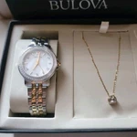 Bulova Two-tone Silver Gold Watch & Necklace Jewelry Set With Crystal Accents. Fixed Price $250.00.