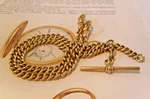Victorian Pocket Watch Chain Golden Brass 1890S Albert With Sliding Bar. Fixed Price $208.57.