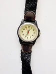 Vintage Waltham Quartz Watch Black Case Cream Dial Leather Strap Run. Fixed Price $12.00.