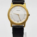 Seiko V701A100 Gold Tone Quartz Classic Dress Watch Leather Strap Men In Hand. Fixed Price $80.00.
