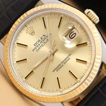 Rolex Mens Datejust 16013 18K Yellow Gold Steel Champagne Black Leather Watch. Fixed Price $5899.00.