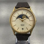 Seiko Moonphase Watch Men 32MM Champagne Dial Gold Date Round 7434-7008 New Batt. Fixed Price $349.99.