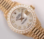 Rolex Lady Datejust 26MM 18K Gold President Diamond Bezel White Mop Dial. Fixed Price $15000.00.