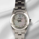 Rolex Oyster Perpetual 25MM Stainless Steel White Mop Diamond Dial Watch 67180. Fixed Price $3749.00.