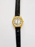 Vintage Waltham Quartz Watch Black Case Cream Dial Leather Strap Run Is. Fixed Price $11.95.