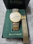 Vtg Set Bulova Men's Accutron Watch 10K Gold Filled Diamonds Box Extra Band Rare. Fixed Price $297.77.