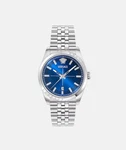 Versace Millenyium Gent Watch - Stainless Steel Silver Blue Dial Butterfly Clasp. Fixed Price $650.00.