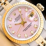 Rolex Ladies Datejust 69173 Pink Factory Diamond Dial 18K Gold Steel Watch. Fixed Price $5995.00.