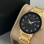 Bulova Futuro Modern 97D116 Black Dial Gold Band Men's Quartz Watch 42MM. Fixed Price $139.87.