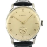 Fine Longines From 1949 Manual Wind Steel Gents Dress Watch Nice Champagne Dial. Fixed Price $450.00.