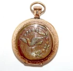 Antique Elgin 14K Multi-colored Gold Hunter Case Hinged, 11 Jewels, Circa 1890'S. Fixed Price $6850.00.