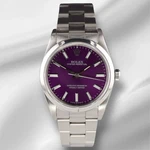 Rolex 34MM Oyster Perpetual Stainless Steel Purple Dial Watch 14000. Fixed Price $4750.00.