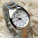Bulova Surveyor Mother Of Pearl White Dial Rose Gold Strap Women's Watch 98P207. Fixed Price $106.00.